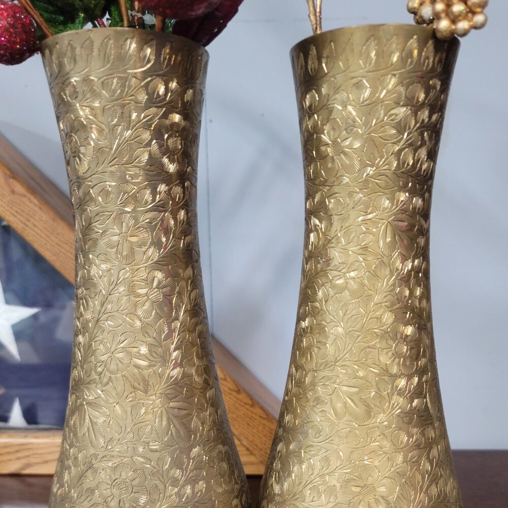 Pair of Vintage Brass Hand-Engraved Gilded Indian Vases with Glass Inserts